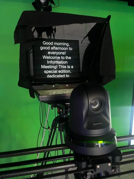 Une caméra est positionnée devant un téléprompteur affichant le texte : « Bonjour, bon après-midi à tous ! Bienvenue à la réunion d’information ! Il s’agit d’une édition spéciale, dédiée à… ». L’arrière-plan est vert.